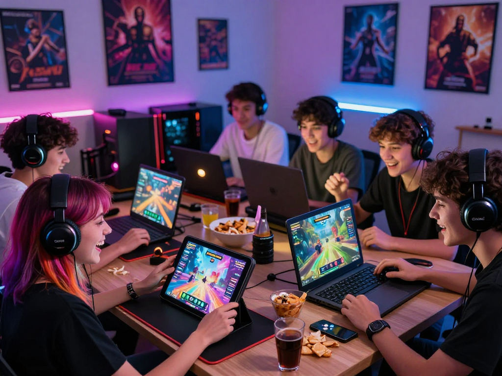 Engaged friends playing game porn on various devices in a vibrant gaming room atmosphere.