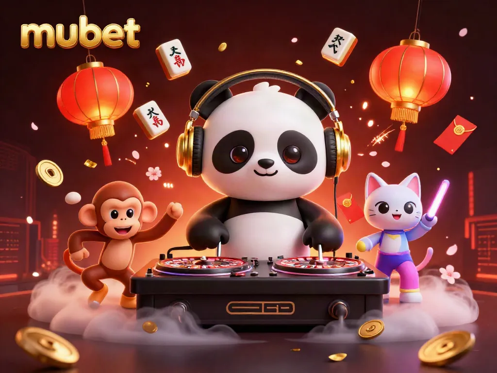 Experience the excitement of mubet with a vibrant DJ panda and dynamic characters celebrating luck.