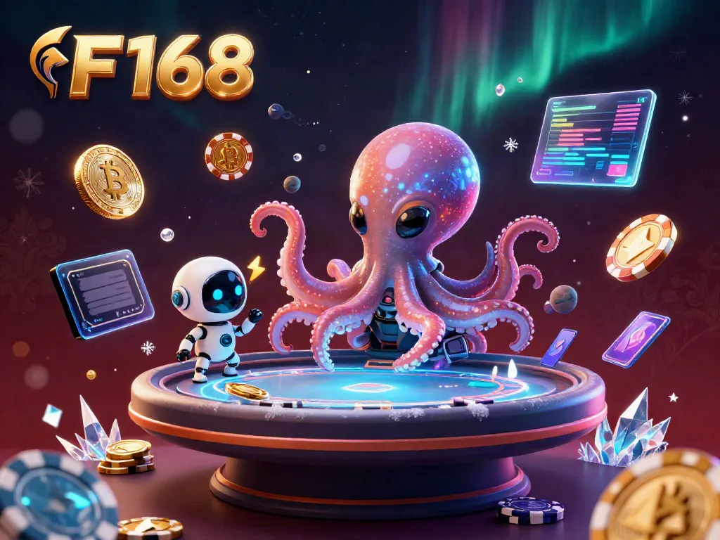 Engage in immersive gambling experiences at F168, featuring an alien octopus with a holographic poker table.
