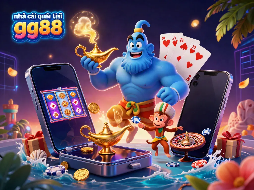 Experience the excitement of nhà cái quốc tế gg88 with a dynamic 3D casino scene featuring a genie, monkey, and poker elements.