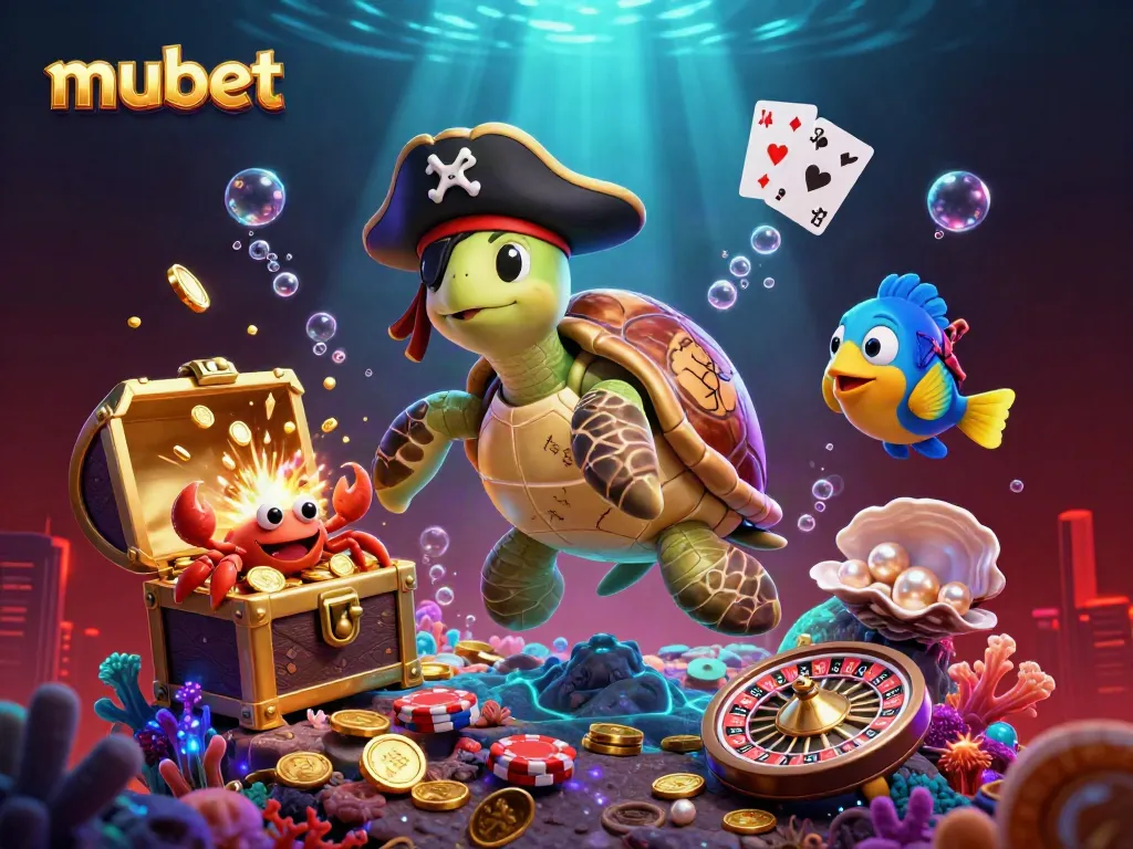 Engage with mubet's vibrant 3D casino scene showcasing a turtle and treasures amidst dynamic gambling elements.