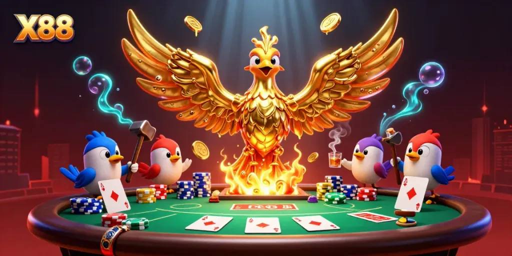 X88 players winning at a vibrant poker scene with golden phoenix and interactive game elements.