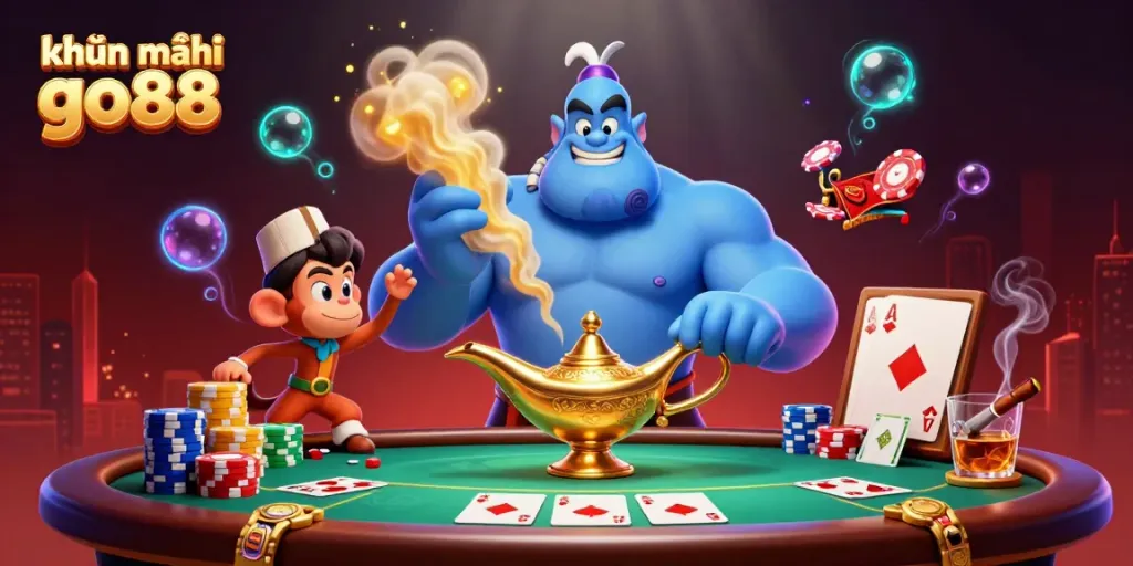 Engaging visual of khuyến mãi go88 with a dynamic genie, poker chips, and vibrant casino atmosphere.