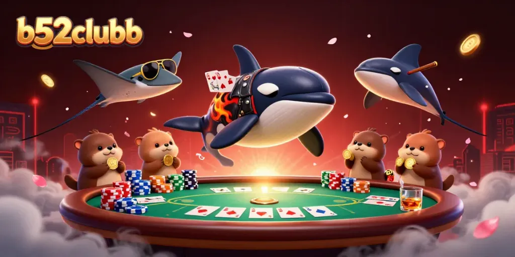b52clubb showcases a vibrant 3D scene with an orca whale, stingray, and otters amidst poker elements.