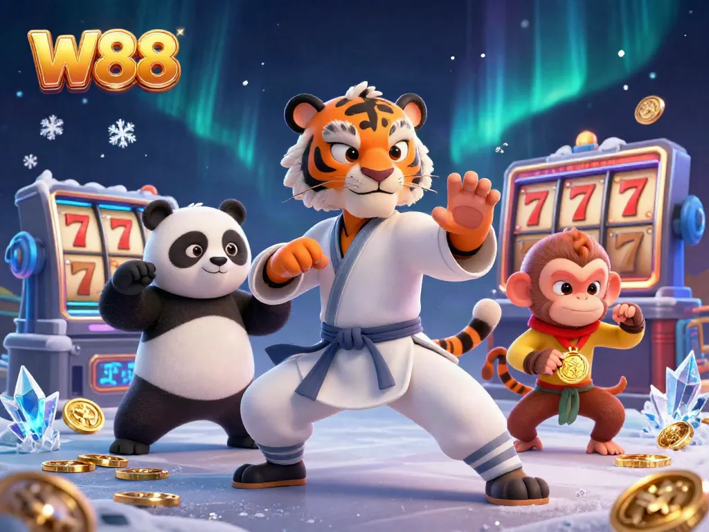 Engage with W88's vibrant 3D casino scene featuring a kung fu master and playful elements.