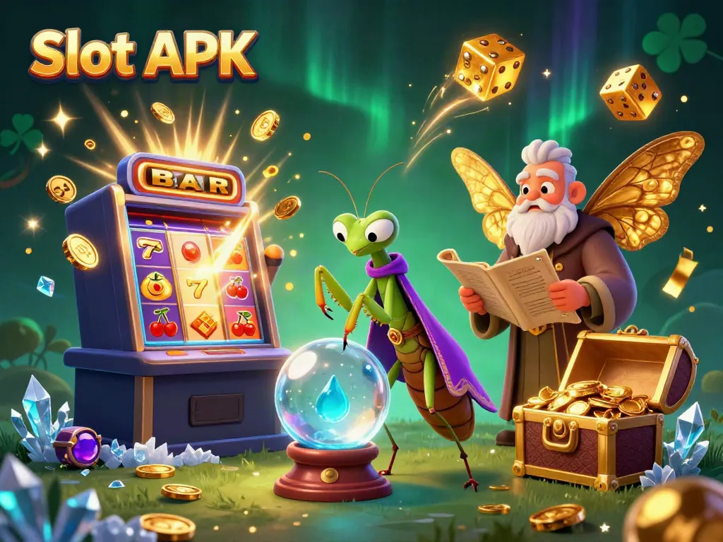 Experience thrilling Slot APK action with a vibrant casino scene featuring a fortune teller and a moth librarian.