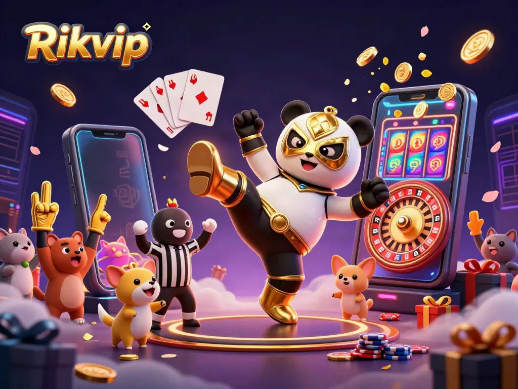 Engaging illustration showcasing Rikvip's vibrant casino atmosphere with dynamic characters and casino elements.