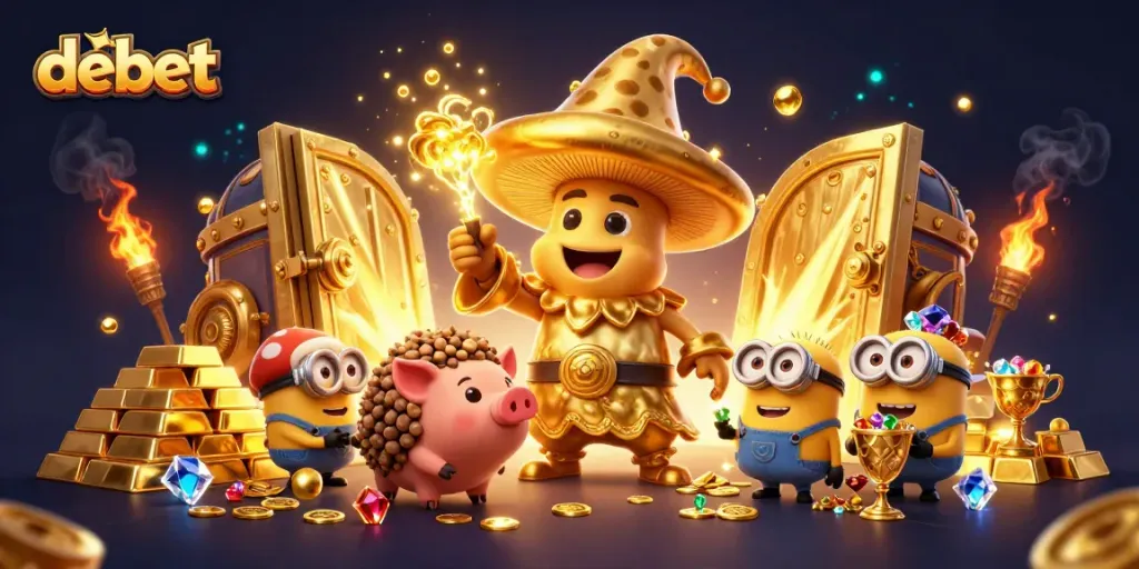 Experience debet magic with a golden mushroom wizard and treasure in this vibrant casino fantasy scene.