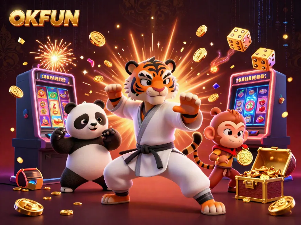 Experience excitement at OKFUN with a dynamic illustration of a 3D kung fu master amidst casino elements.
