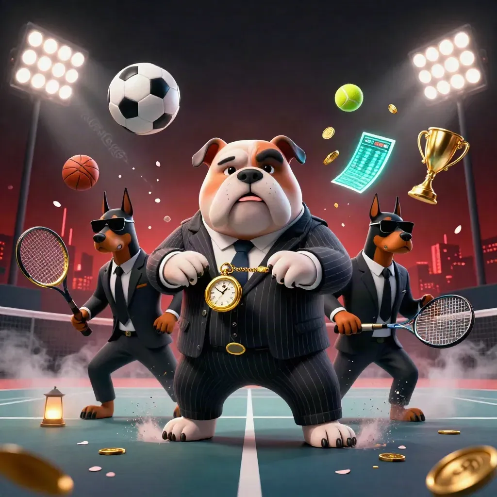 Bulldog boss and Dobermans freeze a tennis-court smash amid flying balls, coins, and gold light