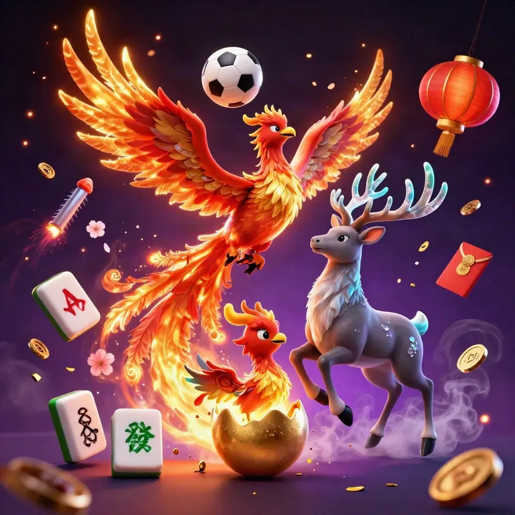 Phoenix, hatching egg, and crystal stag amid casino symbols, balls, and neon magic.