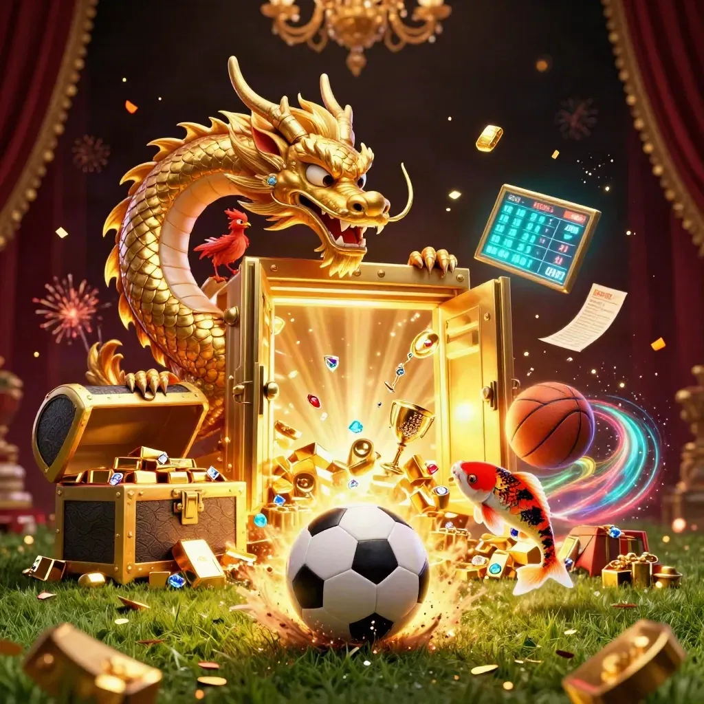Golden dragon, phoenix and koi amid vault gold, with a soccer ball and casino glow.