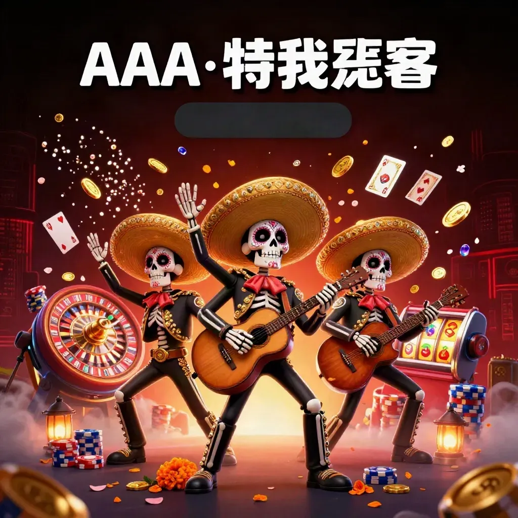 Skeleton mariachi trio amid coins, roulette wheel, chips, cards, and neon casino glow