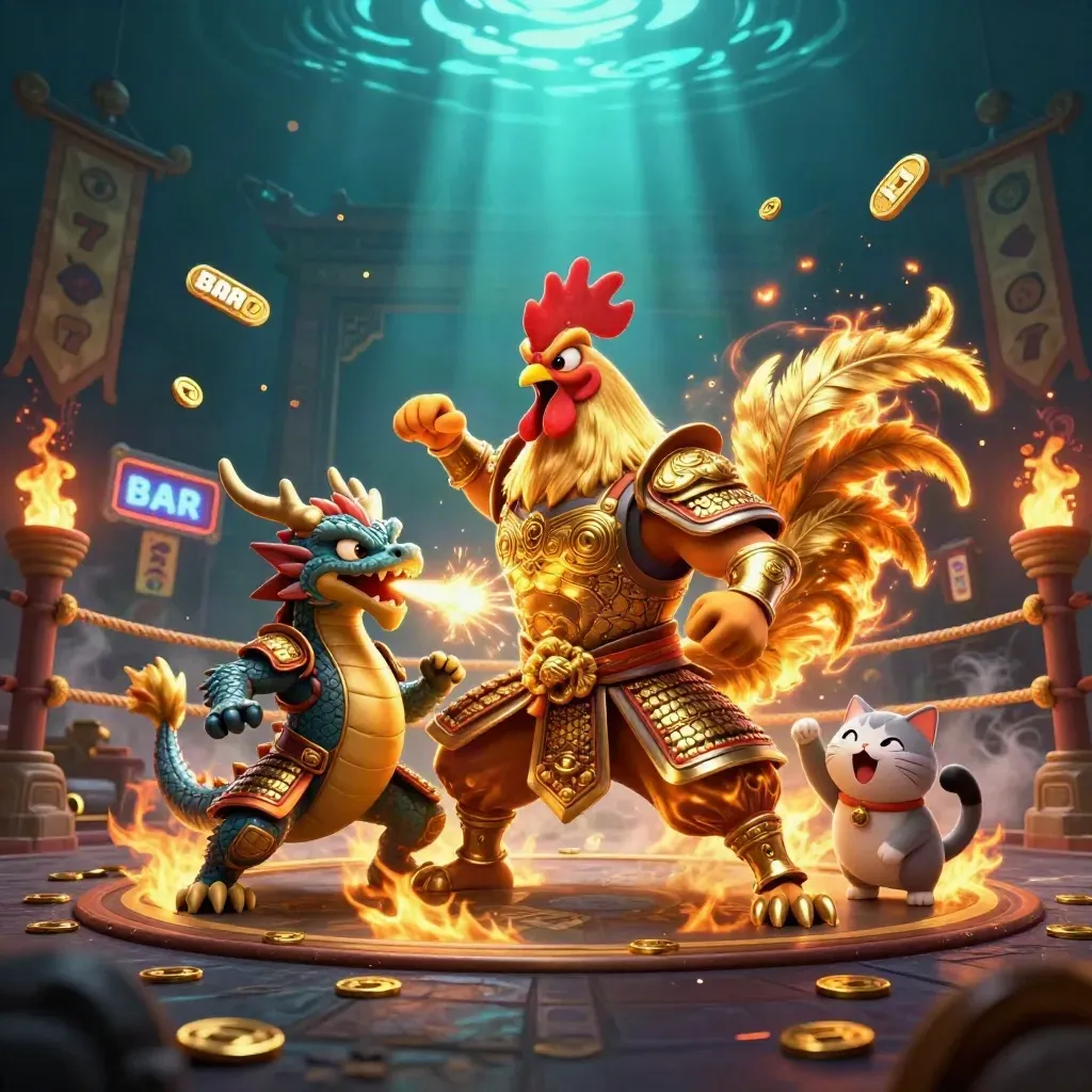 Rooster warrior, dragon hatchling, and fortune-cat amid casino treasure, sparks, and temple lights.