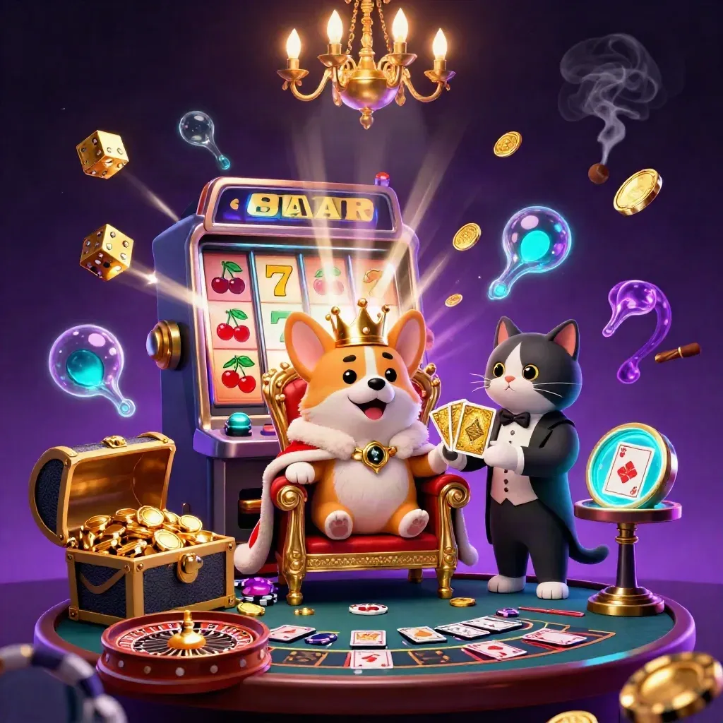 Royal corgi and cat butler amid slot bursts, dice, gold, roulette, and neon casino magic.