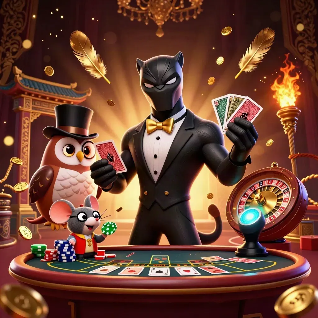 Panther, owl, and mouse in a lavish casino scene with roulette, temple gate, and glowing gold light