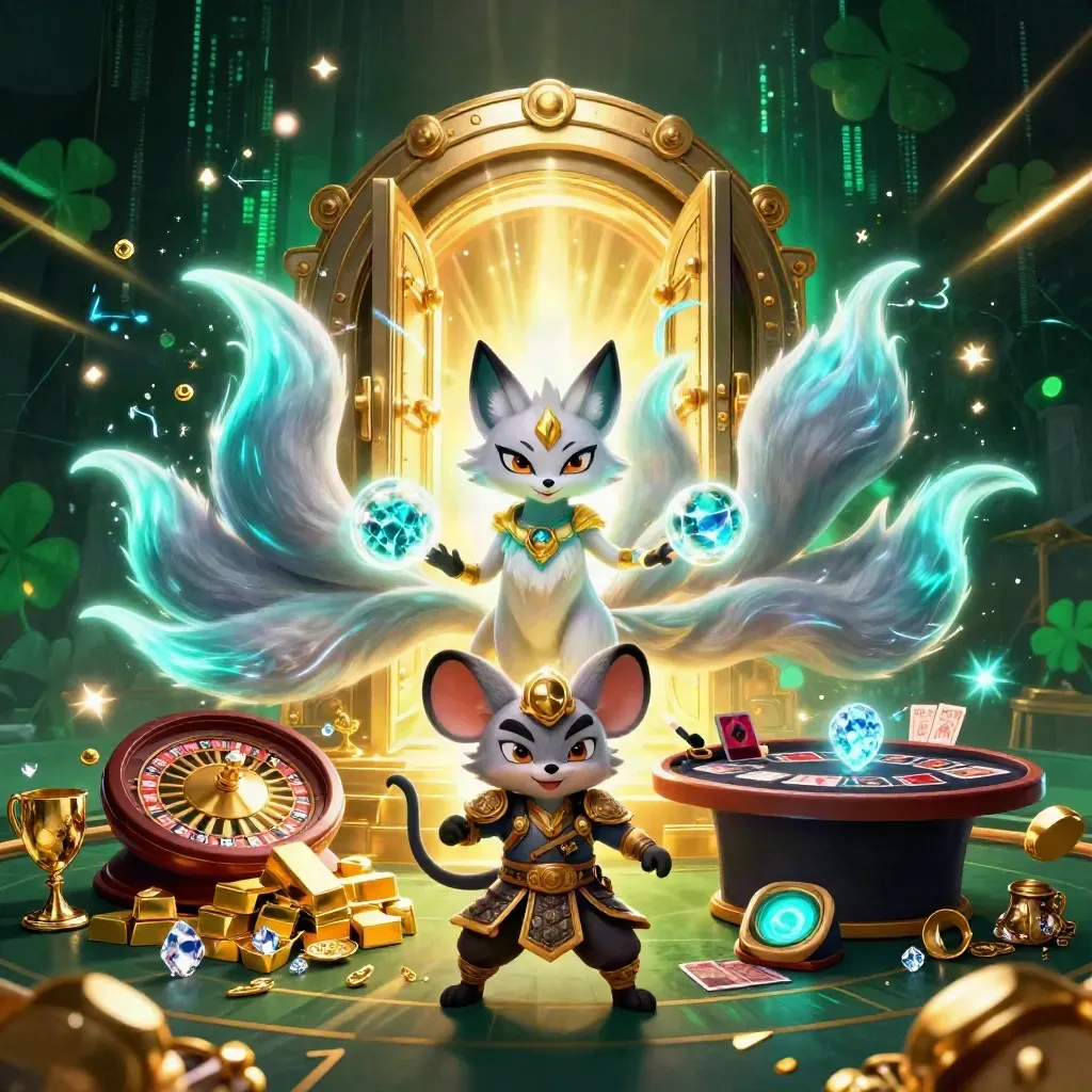 Nine-tailed fox spirit and samurai mouse amid vault gold, roulette, cards, neon energy