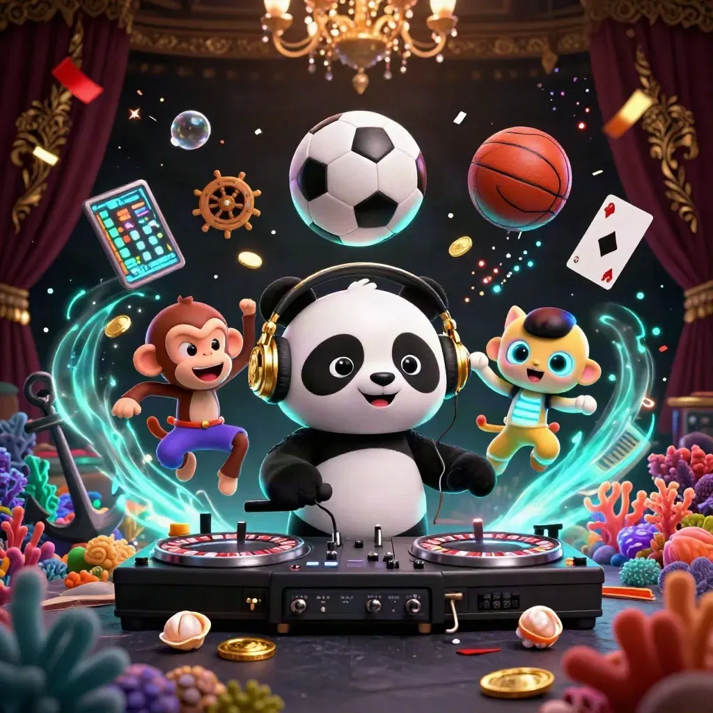 DJ panda, monkey and glow-stick kitten amid casino sports props, coins, coral and glowing lights.