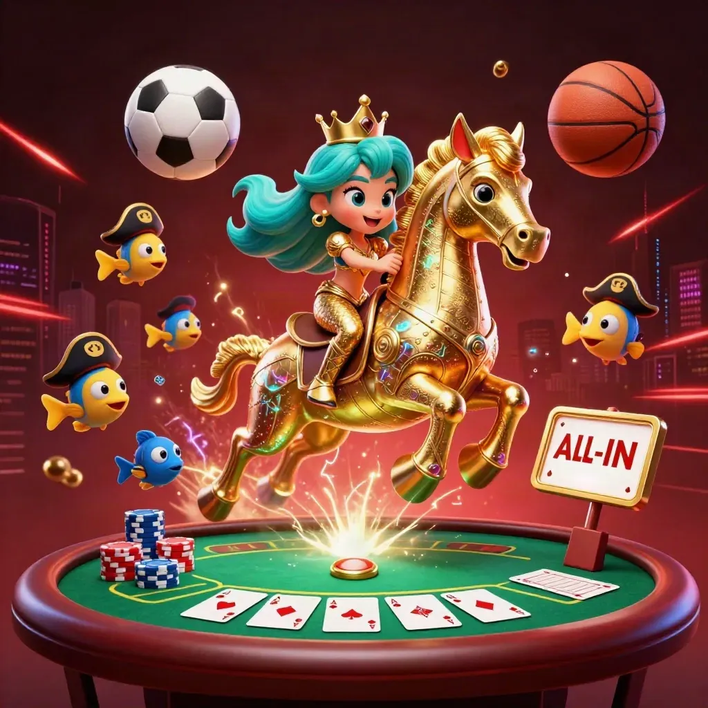 Mermaid princess on armored seahorse amid casino chips, cards, fish, and flying sports balls.