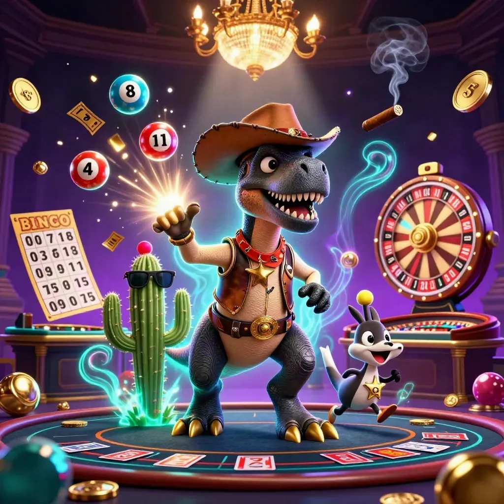 Cartoon T-Rex, cactus, and roadrunner in a glowing casino scene with spinning wheels and flying gold.
