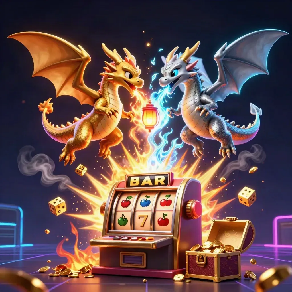 Twin gold and silver dragons swirl around a lantern spirit with treasure, dice, and slot symbols bursting out.