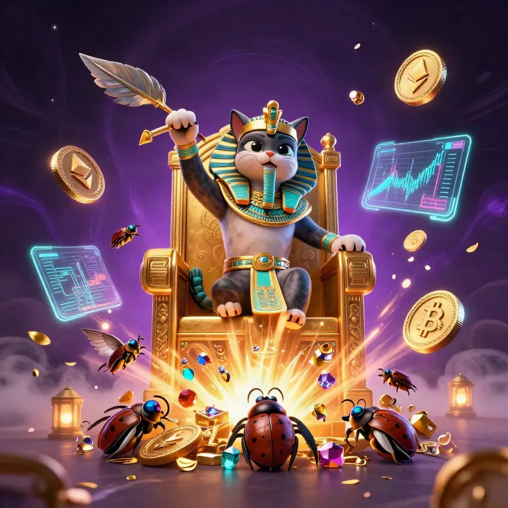 Pharaoh cat on a golden throne with ibis scribe, scarabs, coins, and neon-cyan magic