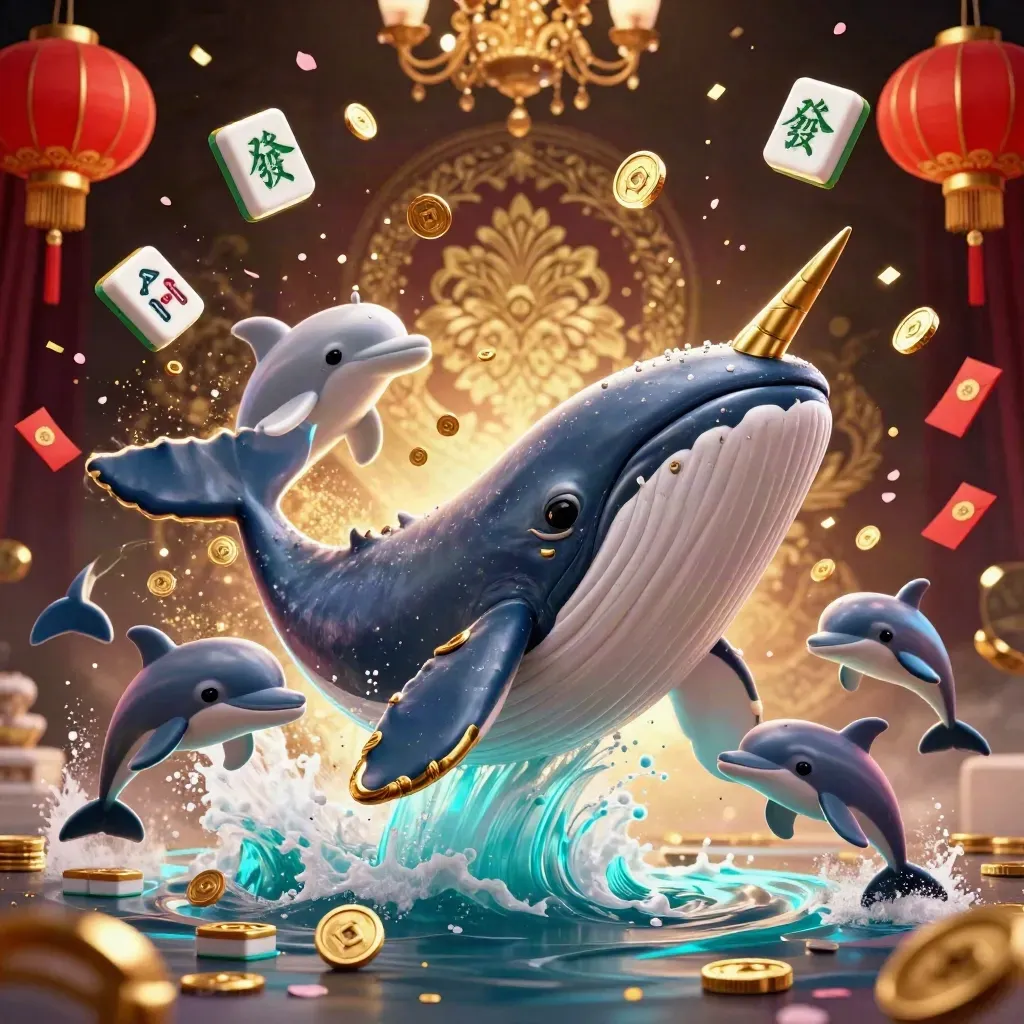 Cartoon whale, narwhal, and dolphins burst through coins and lanterns in neon cyan casino art