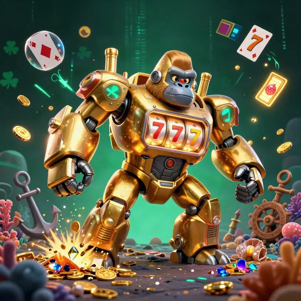 Golden gorilla mech with tiny monkey pilot amid treasure, coral, coins, and neon cyan energy