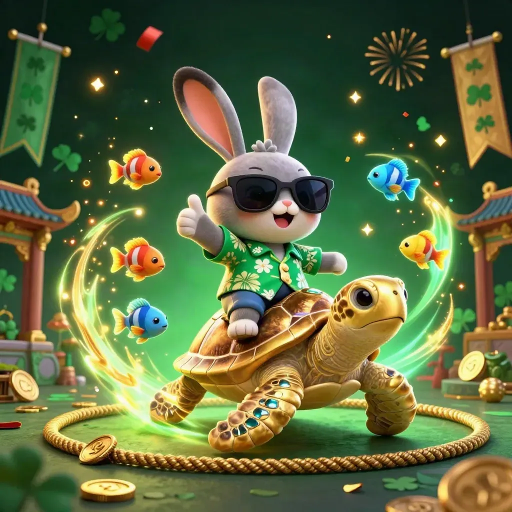 Lucky rabbit rides a jeweled sea turtle amid casino gold and neon cyan glow