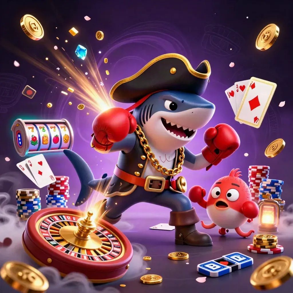 Pirate shark, boxing pufferfish, and coin-juggling octopus amid casino treasure bursts