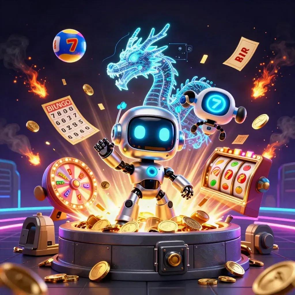Cyberpunk robot, holographic dragon, and coin drone burst from a vault amid casino symbols and fireworks.