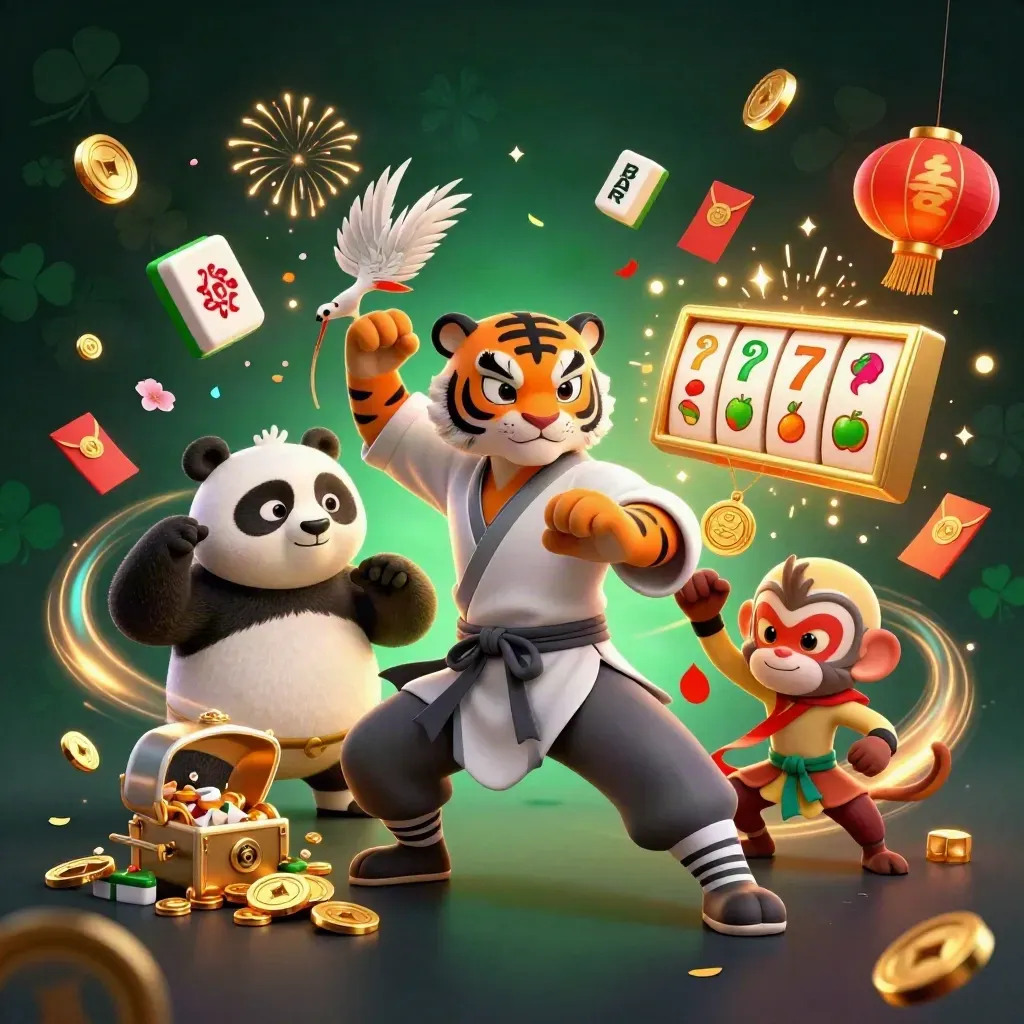 Kung-fu tiger, panda, and monkey amid slot symbols, coins, fireworks, and gold treasure.