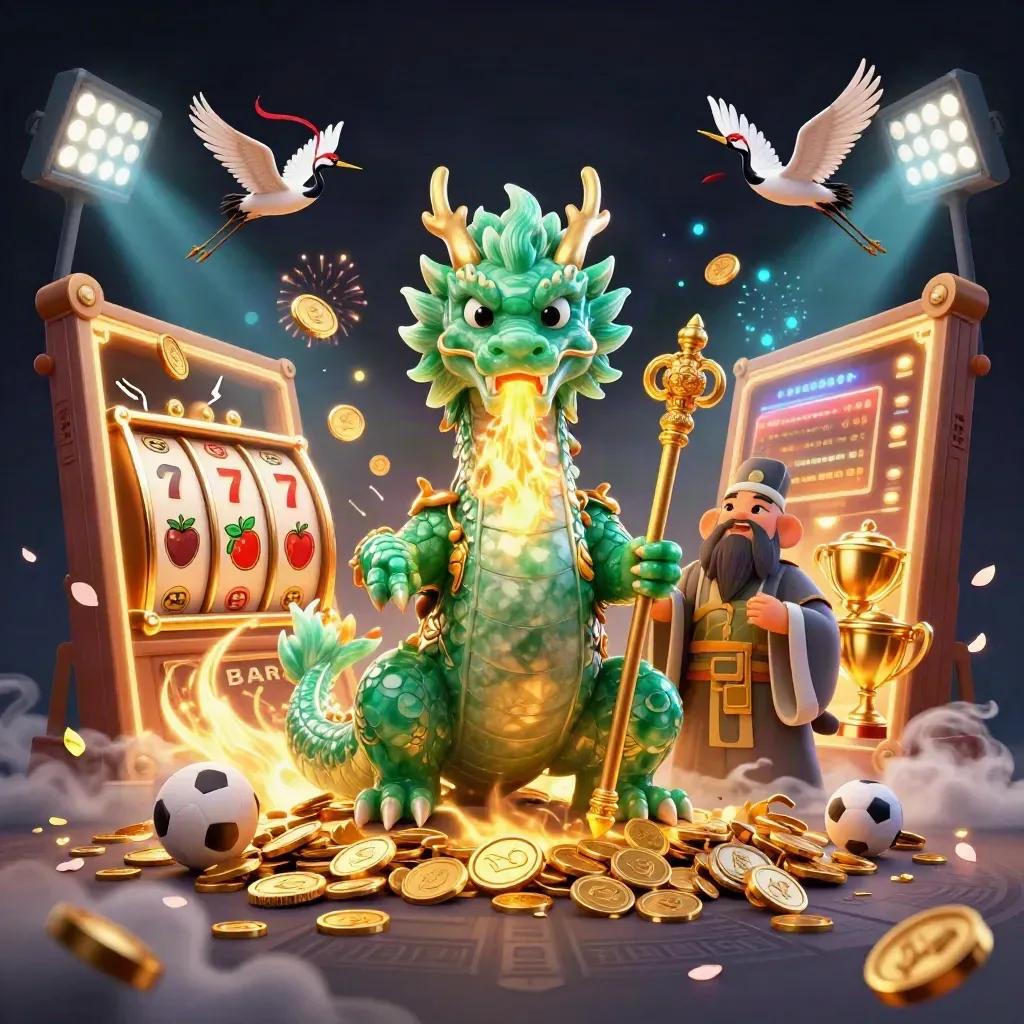 Jade dragon, turtle sage, and cranes amid bursting coins, fireworks, and casino slot symbols