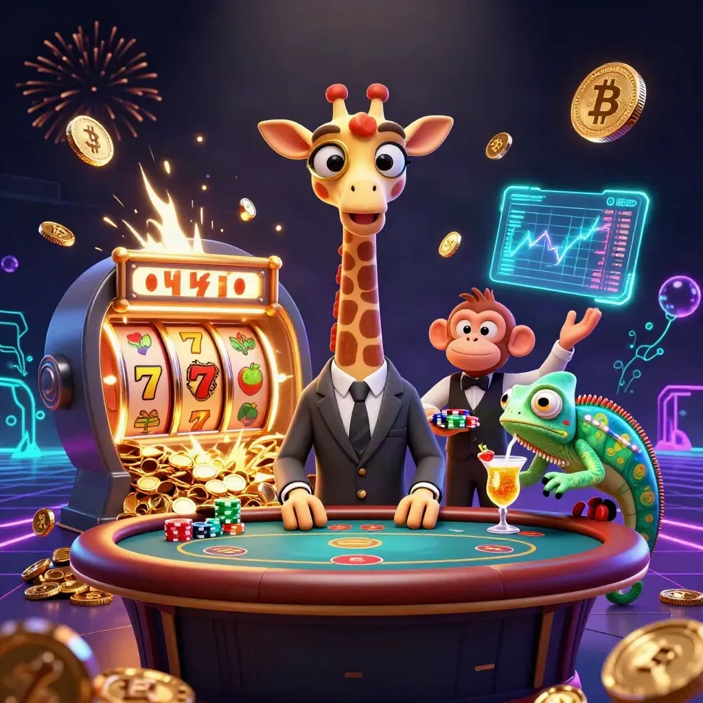 3D giraffe, monkey valet, and chameleon bartender amid casino coins, fireworks, and neon slots