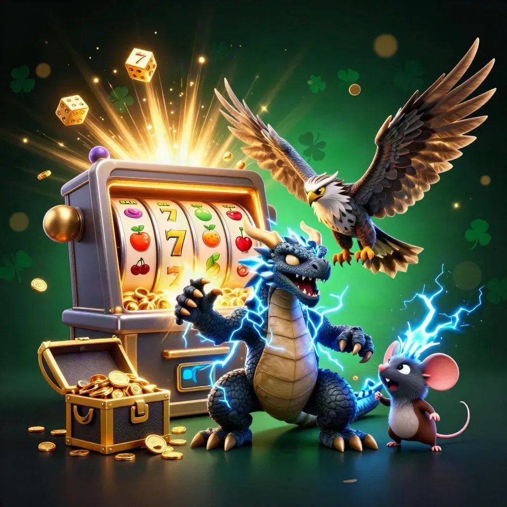 Thunder dragon, hawk, and mouse burst from a slot machine amid gold coins and fireworks.
