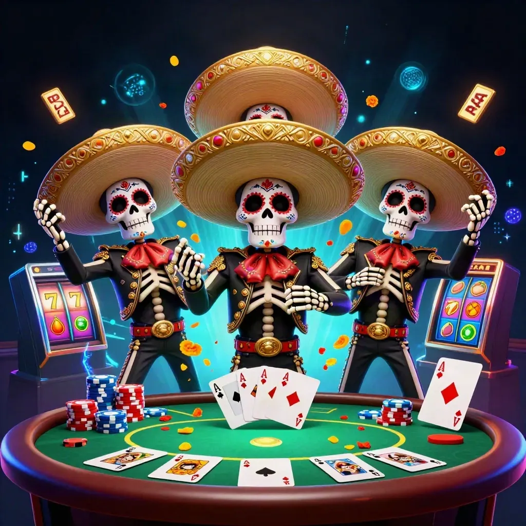 Day-of-the-Dead skeleton mariachi trio amid poker chips, aces, and slot reels in neon casino glow.
