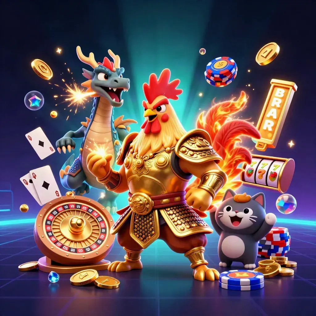 Gold samurai rooster, spark-breathing dragon hatchling, and cheering fortune cat amid casino effects