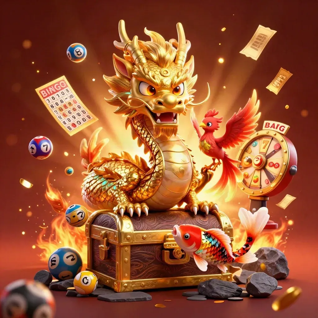 Golden dragon, phoenix, koi, treasure chest, lottery balls, wheel, and slot reels in a fiery casino splash.