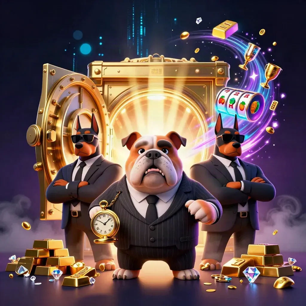 Bulldog casino boss with two Doberman guards, vault gold, gems, reels, and neon casino energy.