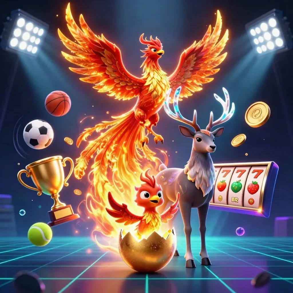Fire phoenix, baby phoenix, and crystalline stag amid casino sports icons and glowing gold coin effects
