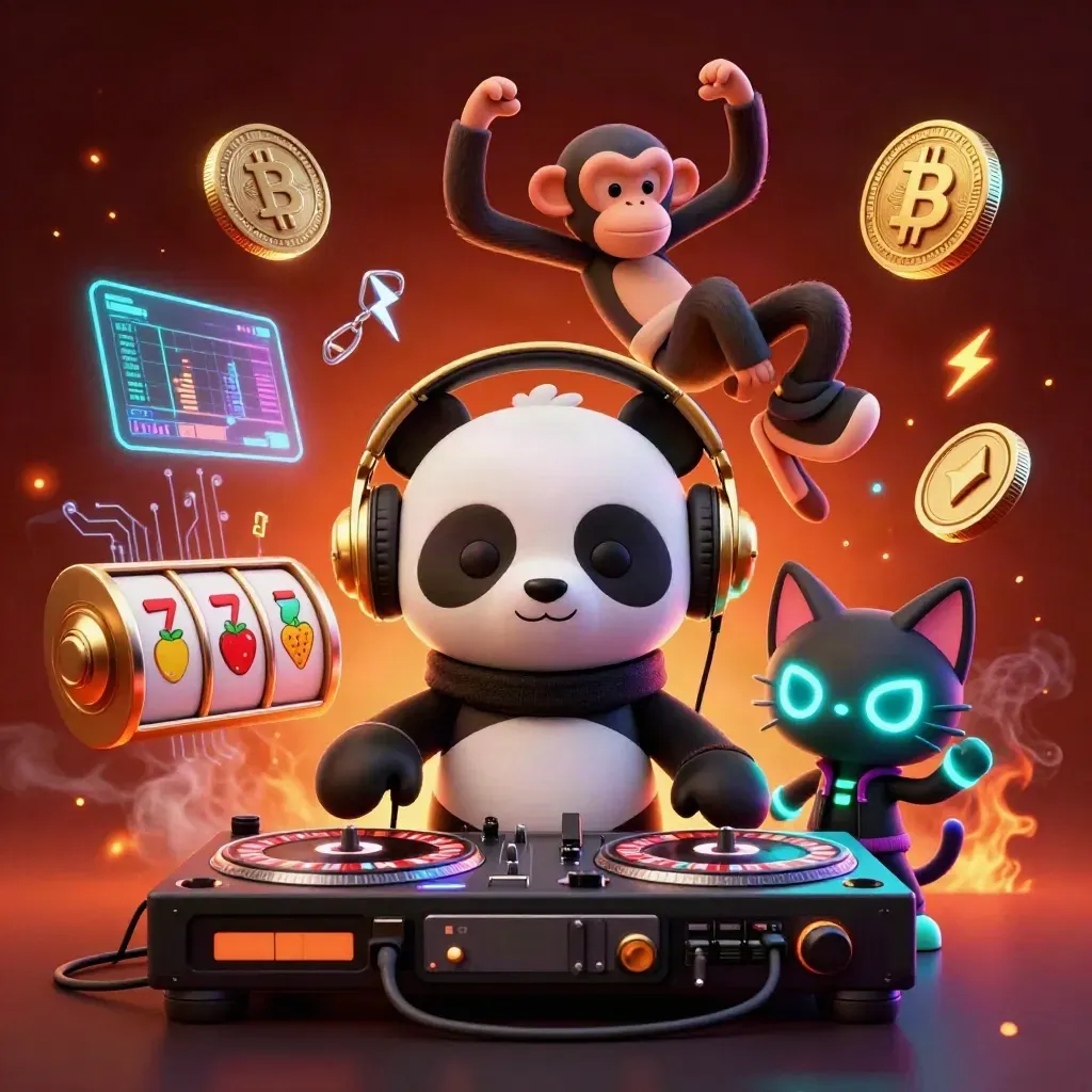 DJ panda, breakdancing monkey, and rave kitten amid casino tech and glowing coins
