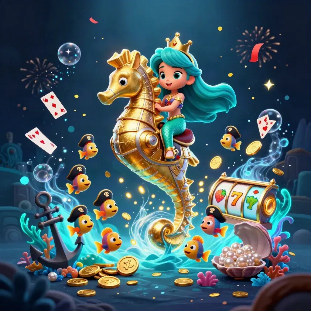 Mermaid princess on a golden seahorse amid coins, coral, cards, and neon casino magic.