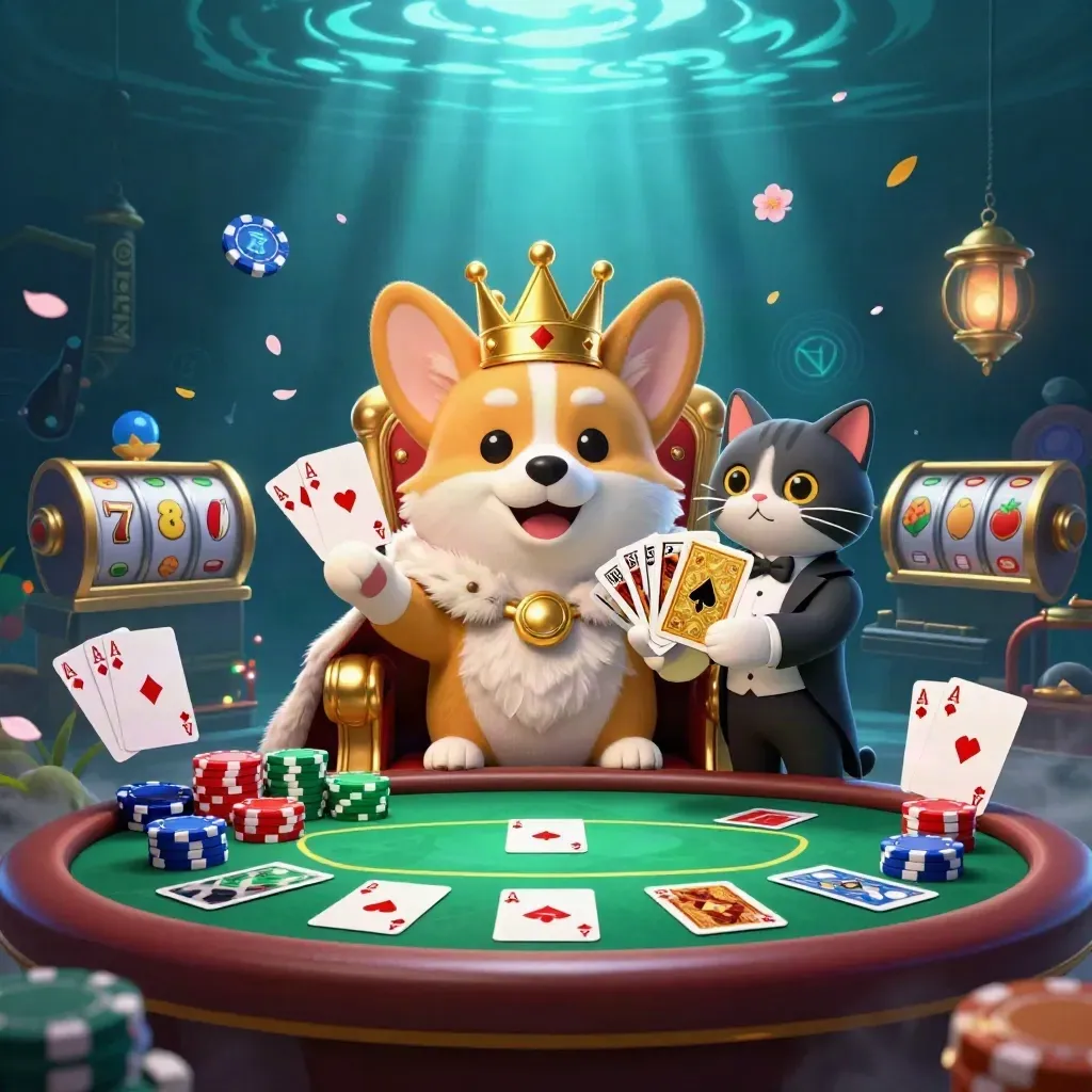 Crowned corgi and cat butler amid glowing chips, aces, reels, and casino magic