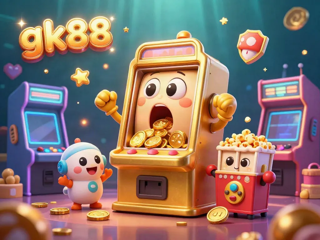 Experience the thrill of gk88 with a jubilant golden slot machine hitting the jackpot, surrounded by cheering machines and a popcorn companion.