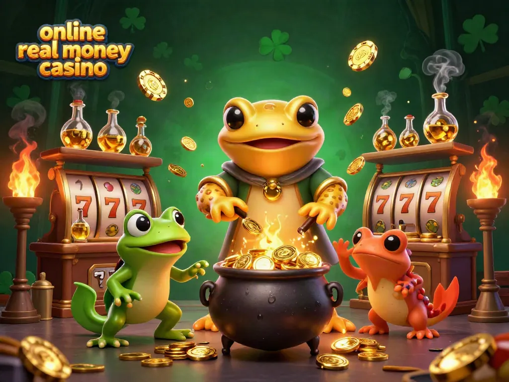 Experience the thrill of the online real money casino with dynamic gold elements, slots, and captivating characters.