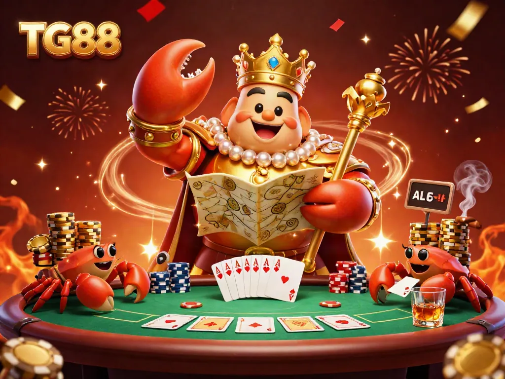 Engage with TG88's vibrant 3D casino scene featuring a golden crab emperor amidst poker excitement.