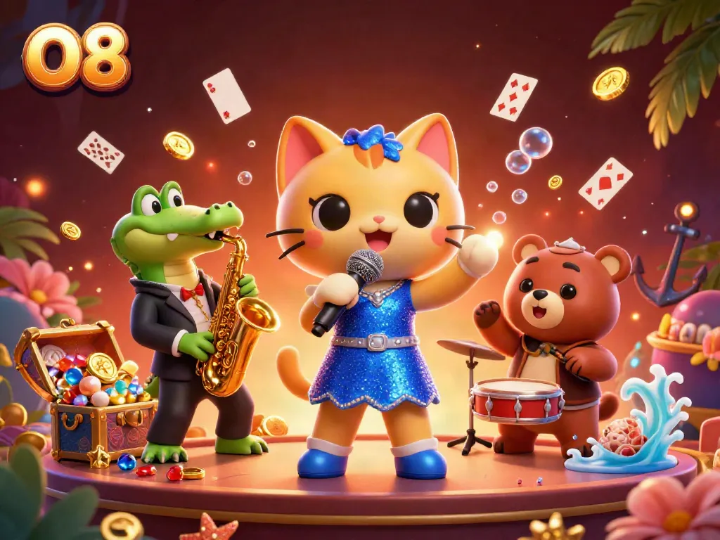 O8 entertains with a vibrant jazz performance featuring fun casino elements in a dynamic scene.