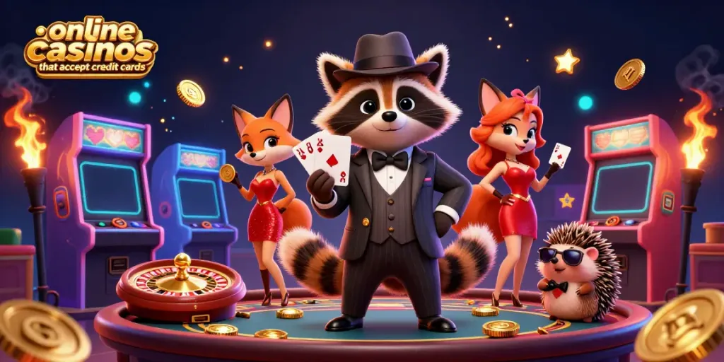 Engaging scene of animal characters showing off their poker skills at online casinos that accept credit cards.