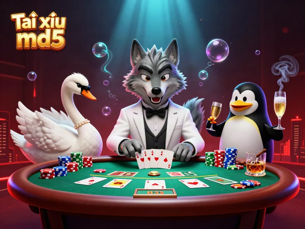 A thrilling depiction of Tài xỉu md5 featuring a wolf dealer, swan card dealer, and penguin sommelier amidst a vibrant casino scene.