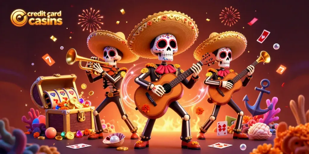 Engaging scene depicting credit card casinos with a Dia de los Muertos mariachi band amongst scattered slot reels and colorful gems.